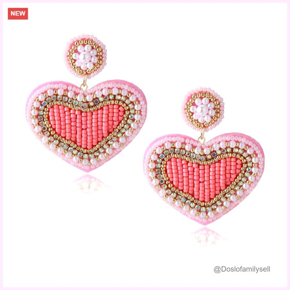 Beaded Heart Dangle Earrings Romantic Elegant Valentine's Day Jewelry
